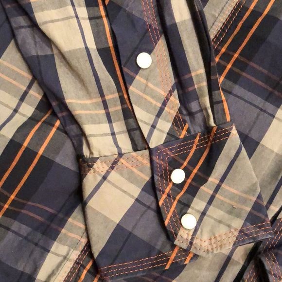 TRUE RELIGION Long Sleeve Navy Tan Orange Plaid Western Button Down Shirt 3XL - Picture 4 of 10